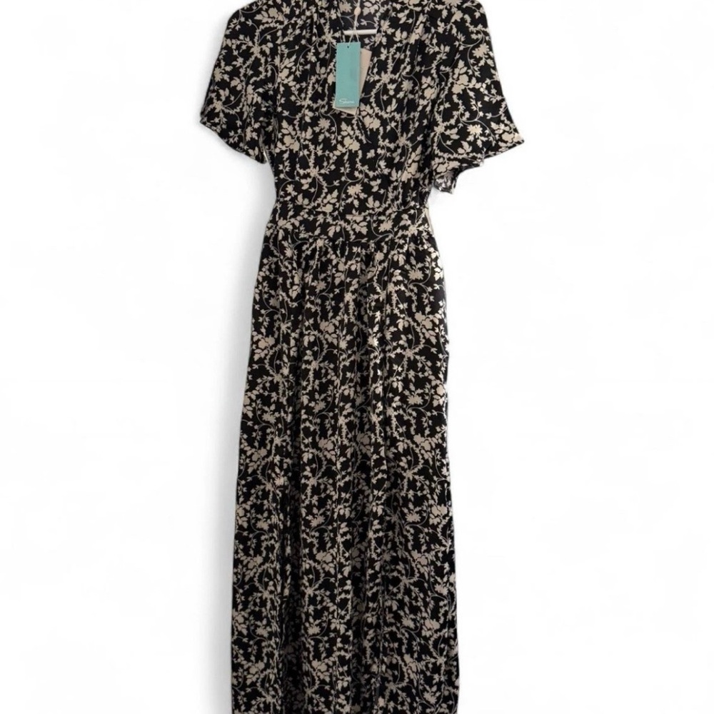Shore Brand Luxury Resort Elegant Black and White Silk Floral Dress